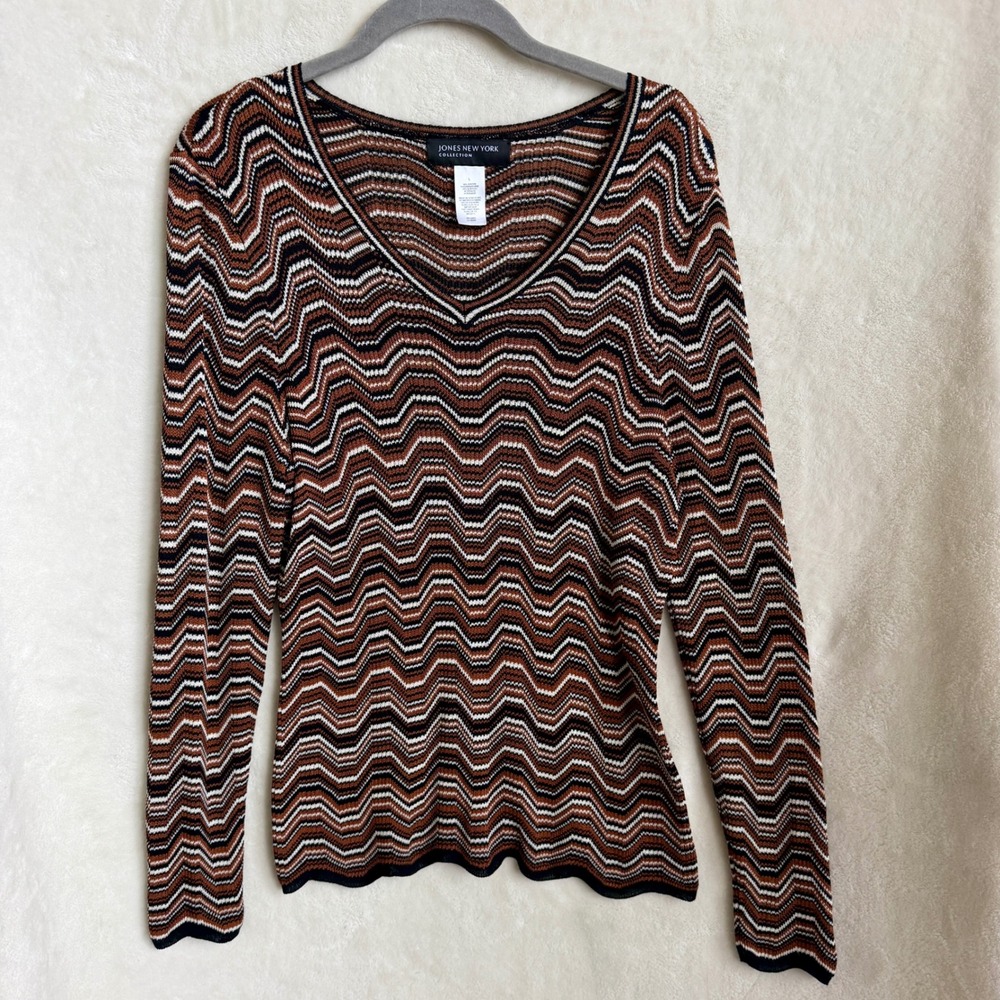 Jones New York Collection Womens Brown Chevron Zigzag Knit V Neck Top Size L